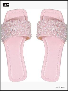 Women's Rhinestone Sparkly Flat Sandals Square Toe Dressy Slides | Bling